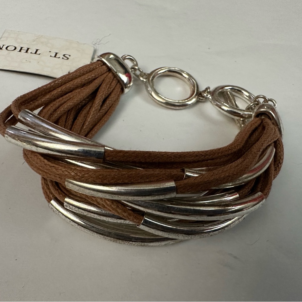 Multilayered Caramel Corded Boho Chic Bracelet with Silver Beading